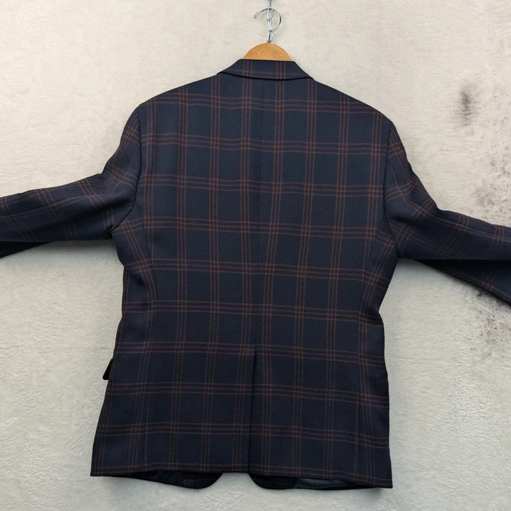 Stafford Blazer Men's 44R Navy Blue Rust Plaid Wool Slim Fit Business Windowpane